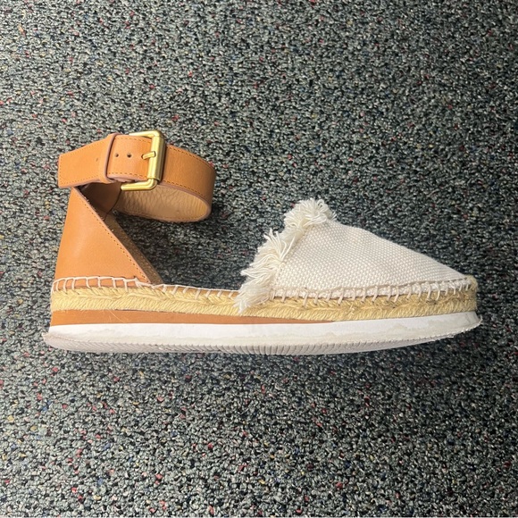 SEE BY CHLOE Tan Glyn Espadrilles Leather Flat Neutral Flats Shoes Gold Buckle 8 - Picture 6 of 16
